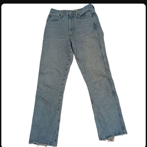 AGOLDE 90s Pinch Waist High Rise Straight Jeans 25 | Distressed Light Wash Denim - Picture 7 of 16